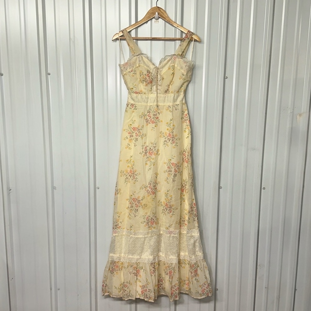 Vintage Cottagecore Floral Lace Trim Prairie Maxi Dress Women XS Romantic Boho - Picture 6 of 6